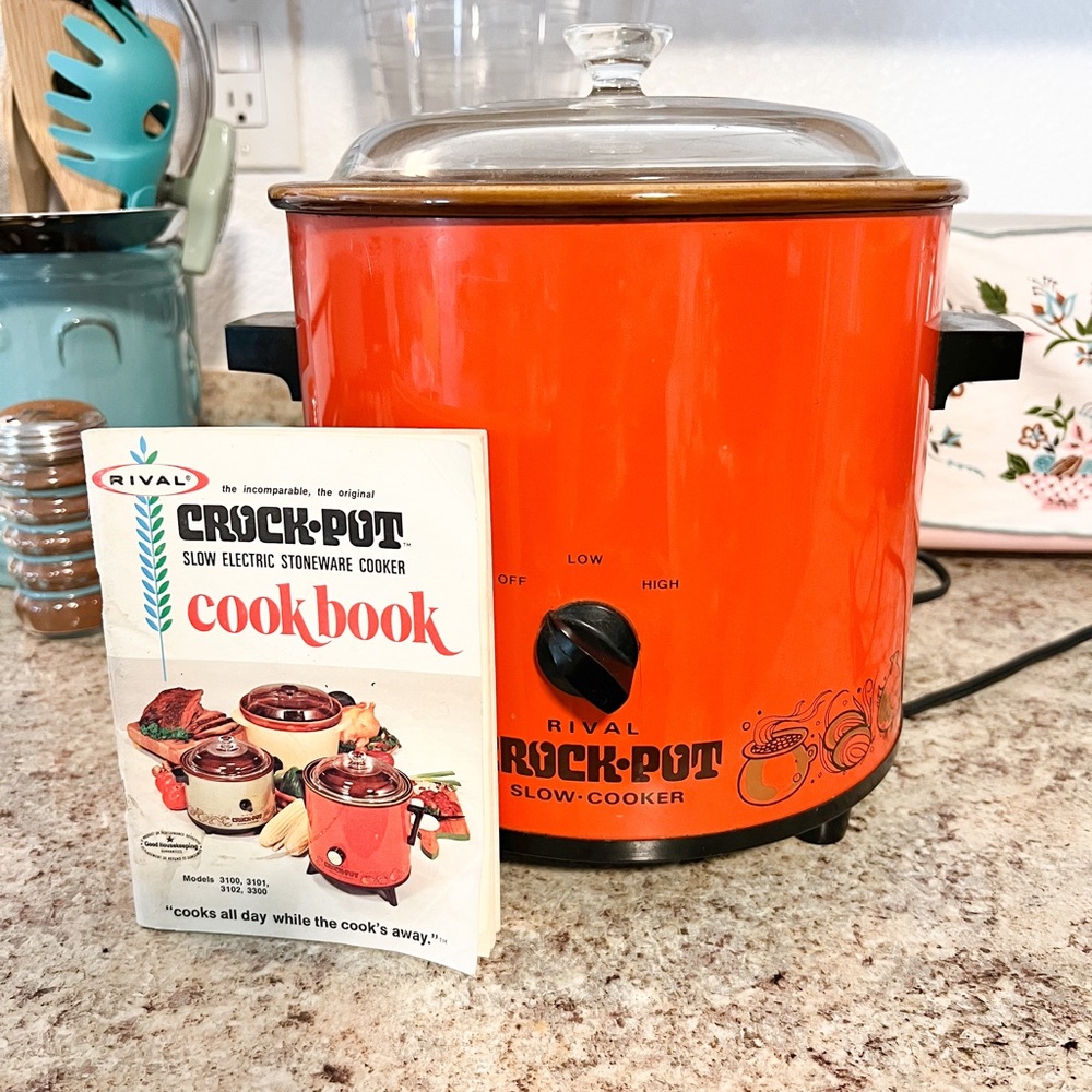 1970s orange Crock Pot boho mid century groovy
